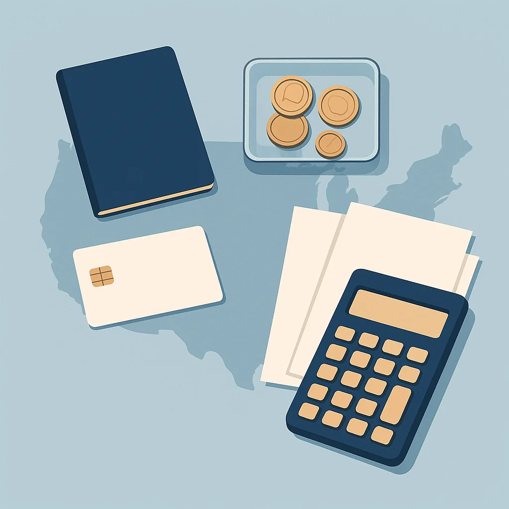 Cartão bancário, carteira escura, moedas em uma bandeja, documentos e calculadora sobre o contorno dos Estados Unidos.